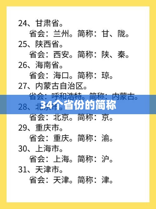 34个省份的简称/34个省份的简称表 34个省份的简称/34个省份的简称表